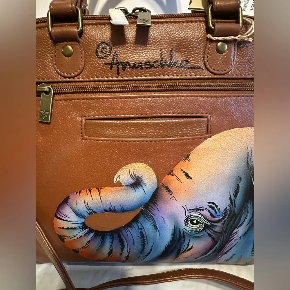 NWT Anuschka Hand Painted Leather Satchel Crossbody Handbag Elephant